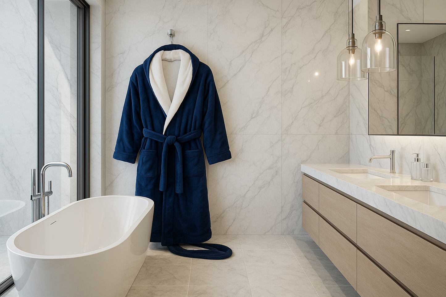 Luxury Navy Fleece Robe w/ White Collar – Unisex Spa-Style Comfort
