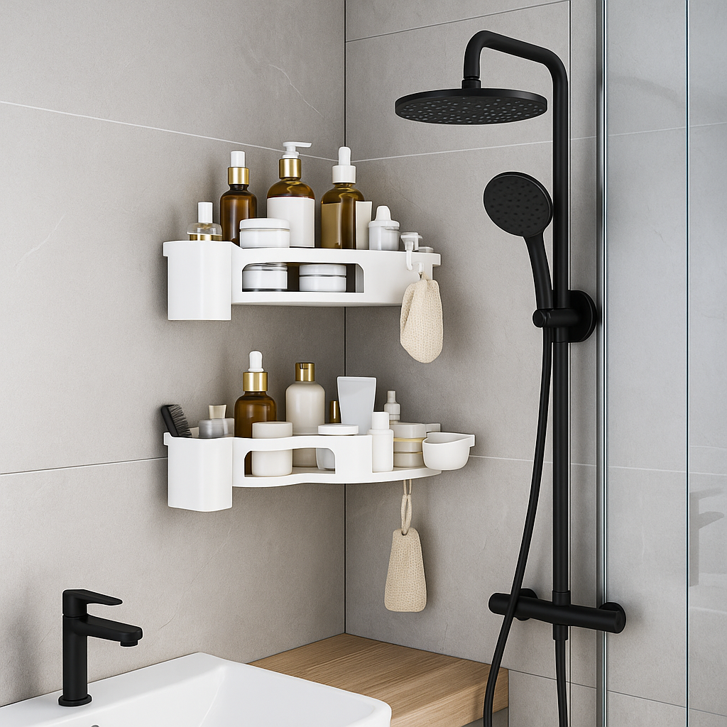 Adhesive Corner Shower Caddy β 6 Pack (White) Rustproof stainless steel, stick-on install, sleek minimalist vibe.