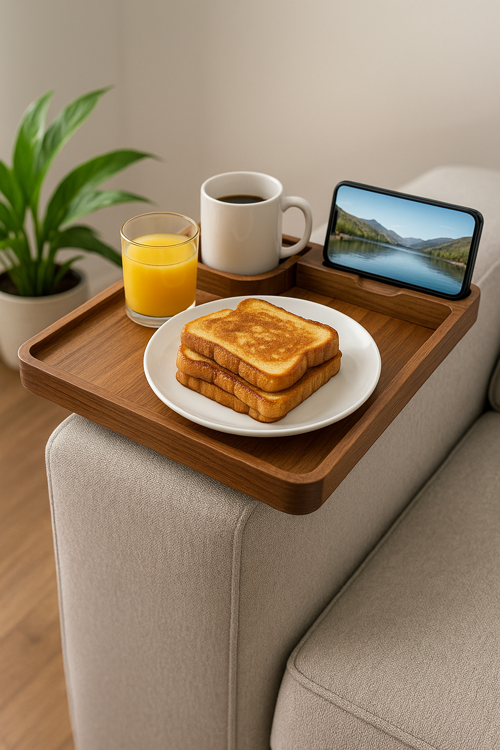 XL Acacia Wood Couch Arm Tray with Cup & Phone Holder โ Foldable Sofa Side Table by Complete Provisions