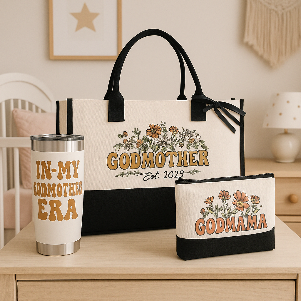Godmother Gift Set – “In My Godmother Era” 3-Piece Tote, Tumbler & Makeup Bag Set (Est. 2025)