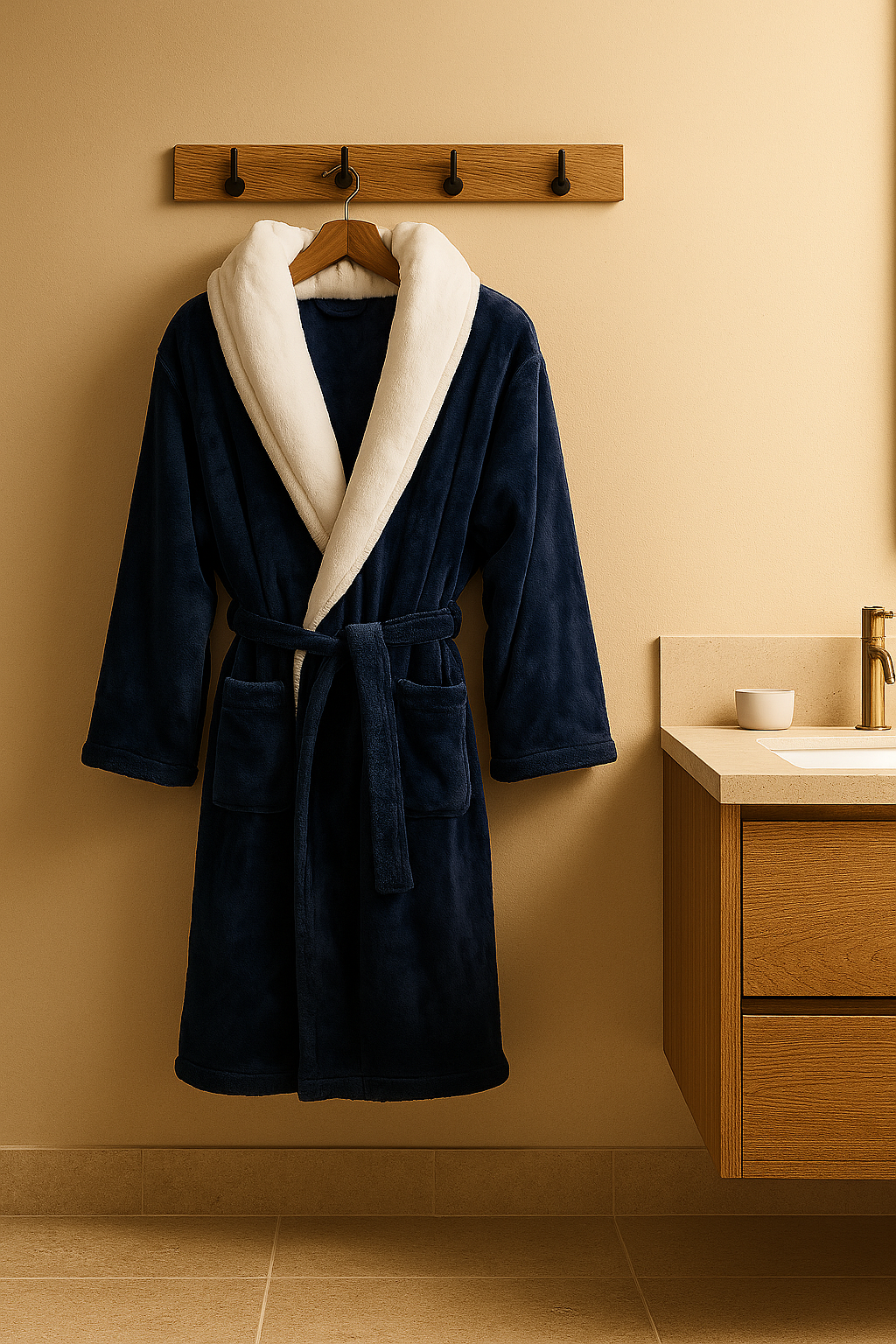 Luxury Navy Fleece Robe w/ White Collar – Unisex Spa-Style Comfort