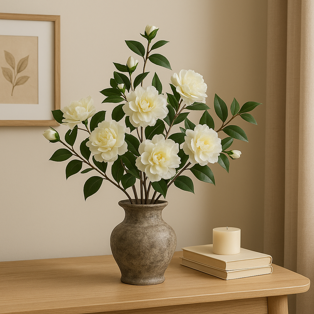 Cream White Camellia Stems (Set of 4) – Luxe Faux Flowers for Vases, Décor & More