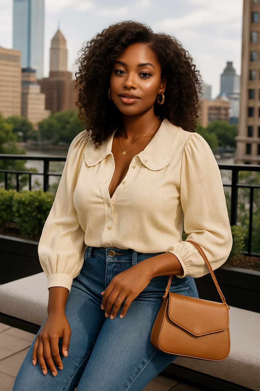 Textured Puff Sleeve Button Down | Neutral Luxe Blouse (XX-Large)