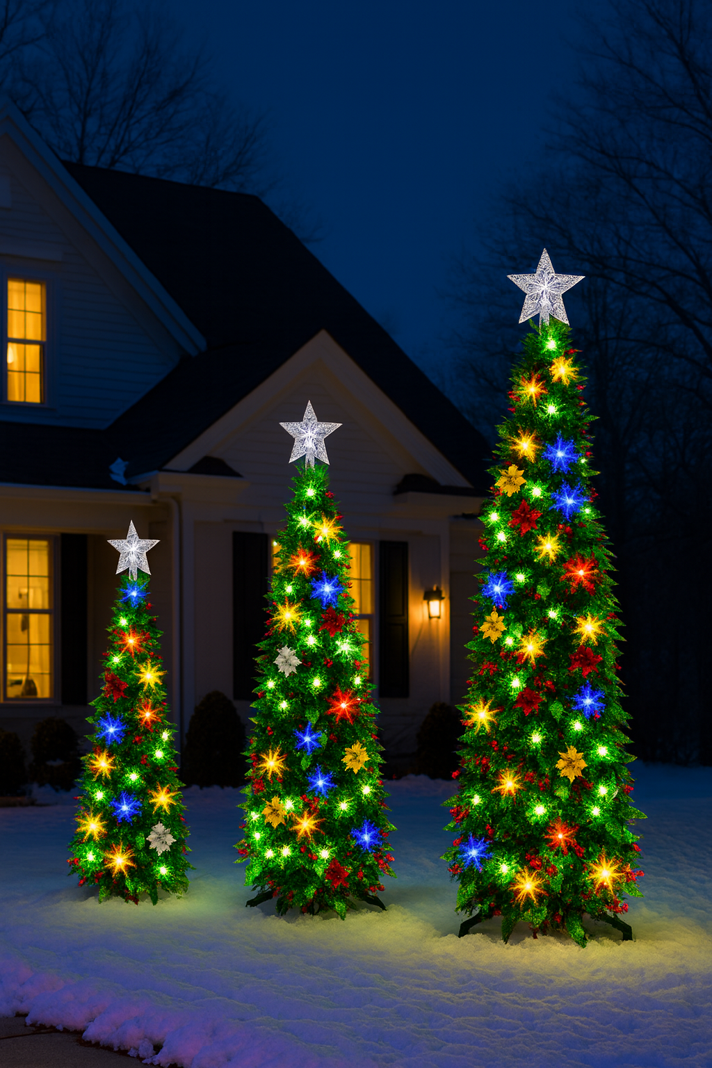 Pre-Lit Colorful Christmas Tree Set – 3-Pack Slim Artificial Trees with Star Toppers & Multicolor LED Lights (Green)