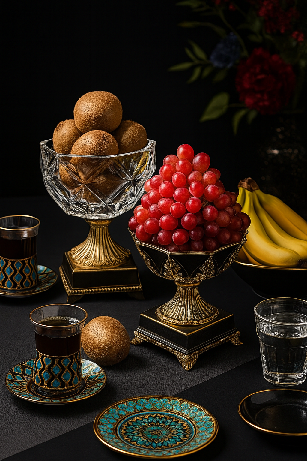Elegant Glass Fruit Bowl with Ornate Gold Pedestal – Decorative Centerpiece for Fruit, Candy & Keys
