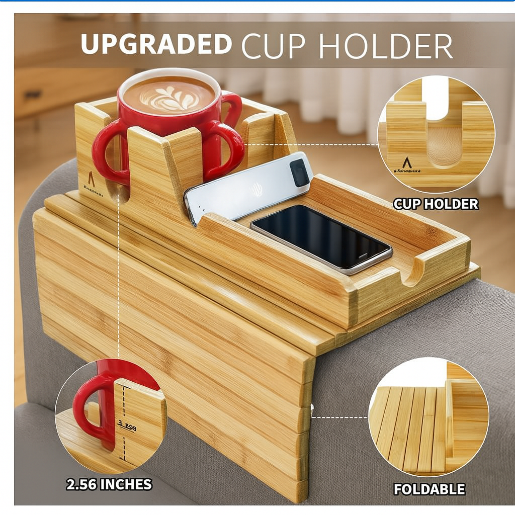 Adjustable Bamboo Couch Arm Tray – Sofa Table w/ Slide-Away Tray, Non-Slip Mats & Cup Holder | Snack, Remote & Device Organizer