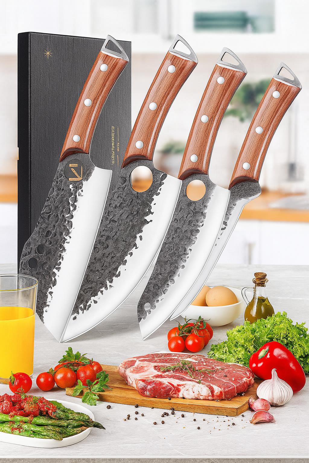 4PC Hand-Forged Butcher Knife Set โ Viking Style Chef Knives w/ Wooden Handle | Meat Cleaver & Boning Knife for Kitchen, BBQ & Outdoor Cooking