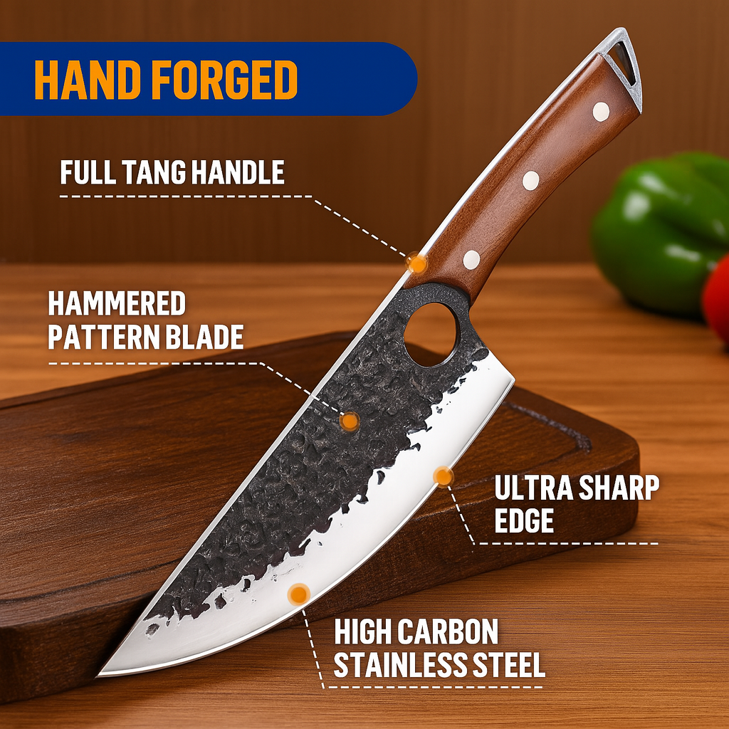 4PC Hand-Forged Butcher Knife Set โ Viking Style Chef Knives w/ Wooden Handle | Meat Cleaver & Boning Knife for Kitchen, BBQ & Outdoor Cooking