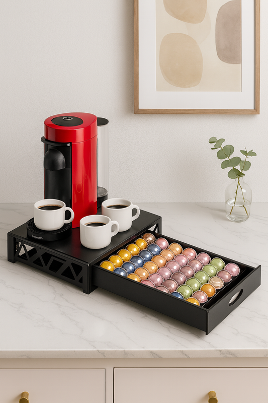 Black Metal Vertuo Pod Storage – 50-Pod Coffee Capsule Drawer Organizer