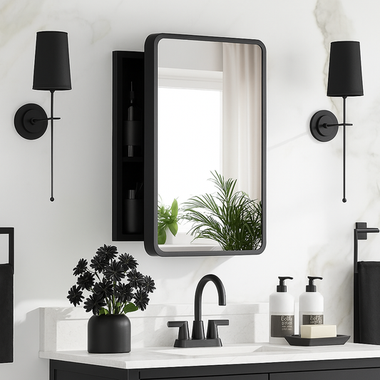 Black Metal Frame Medicine Cabinet with Mirror – 14"x18" Wall Mount or Recessed