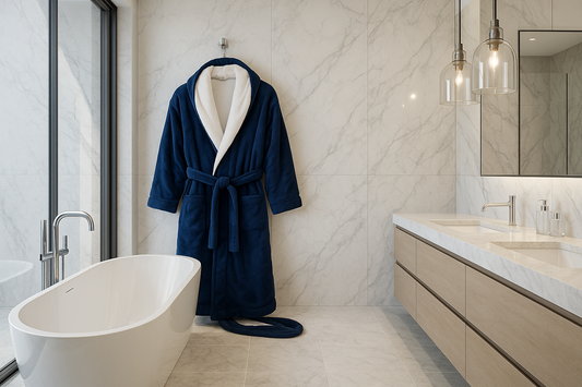 Luxury Navy Fleece Robe w/ White Collar – Unisex Spa-Style Comfort
