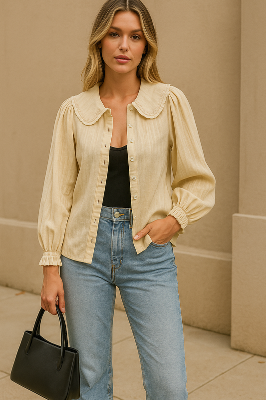 Textured Puff Sleeve Button Down | Neutral Luxe Blouse (XX-Large)