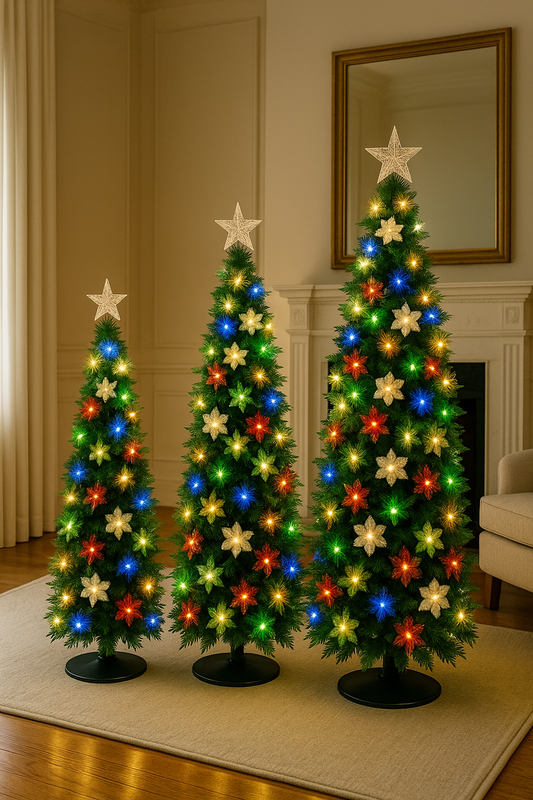 Pre-Lit Colorful Christmas Tree Set – 3-Pack Slim Artificial Trees with Star Toppers & Multicolor LED Lights (Green)