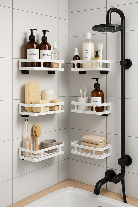 Adhesive Corner Shower Caddy – 6 Pack (White) Rustproof stainless steel, stick-on install, sleek minimalist vibe.