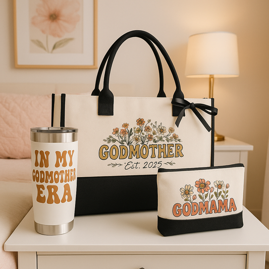 Godmother Gift Set – “In My Godmother Era” 3-Piece Tote, Tumbler & Makeup Bag Set (Est. 2025)