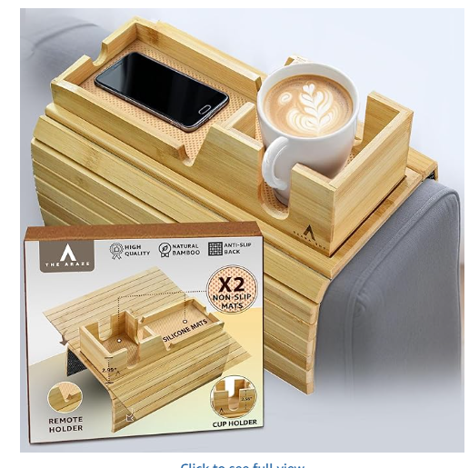 Adjustable Bamboo Couch Arm Tray – Sofa Table w/ Slide-Away Tray, Non-Slip Mats & Cup Holder | Snack, Remote & Device Organizer