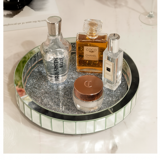 12" Silver Mirror Rotating Tray – Crushed Diamond Centerpiece Organizer