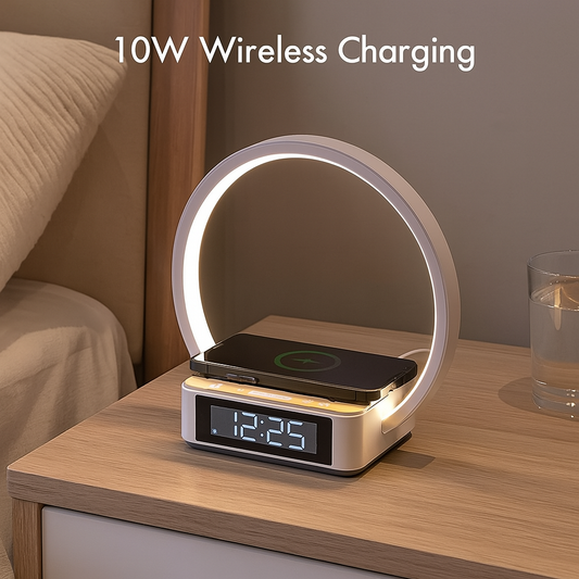 6-in-1 Alarm Clock w/ Wireless Charging & Touch Lamp – Sunrise Wake-Up Light